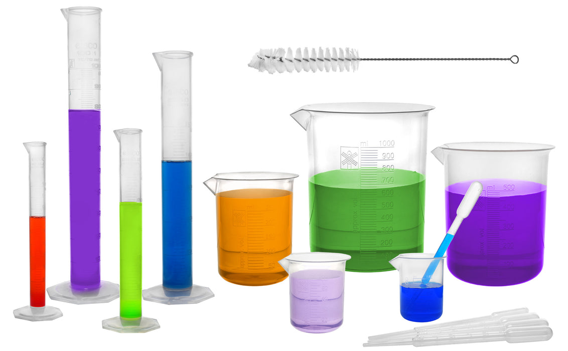 Ultimate Plastics Kit - 15 Piece Science Lab Set - Includes 5 Beakers, 4 Graduated Cylinders (all Polypropylene), 5 Disposable LDPE Pipettes & Nylon Cleaning Brush