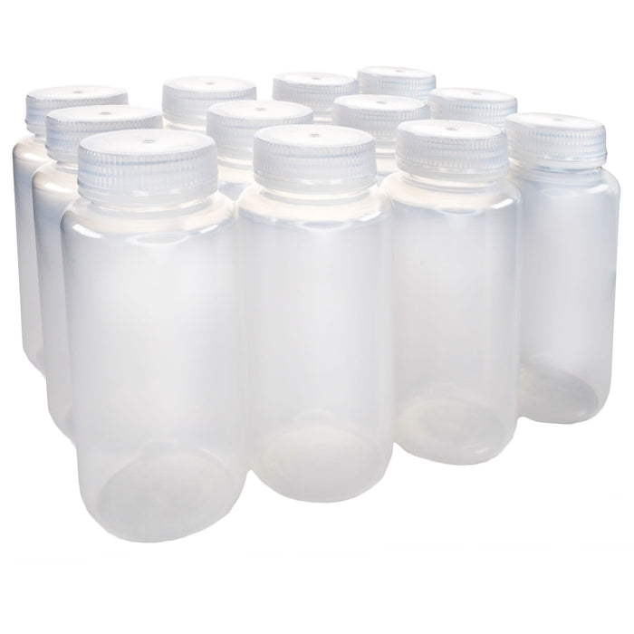 Eisco - 500mL Wide Mouth Polypropylene Translucent Reagent Bottles with Polypropylene Caps, Pack of 12, Non-Sterile, Autoclavable, Leakproof Laboratory Storage Bottles, 0-135°C Temperature Range