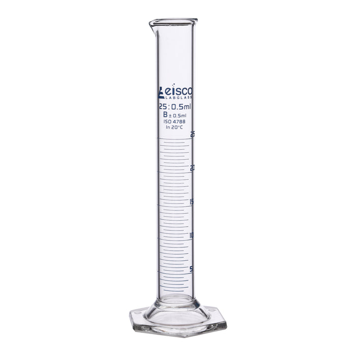 Graduated Cylinder, 25ml - Class B - Blue Graduations - Hexagonal Base