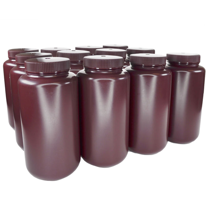 Eisco - Pack of 12, 1L Wide Mouth Amber HDPE Reagent Bottles with Polypropylene Caps, Non-Sterile, Leak-Proof, Chemical-Resistant, UV Light Shielding for Lab Use, -100°C to 120°C, Ideal for Light-Sensitive Storage