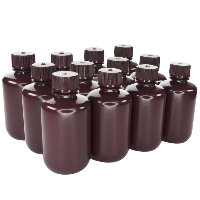 Eisco - Pack of 12 125mL Narrow Mouth Amber HDPE Reagent Bottles with Polypropylene Caps, Non-Sterile, Light-Sensitive Storage, -100 to 120°C Temperature Range, Leak-Proof Tested, Lab Sample Containers