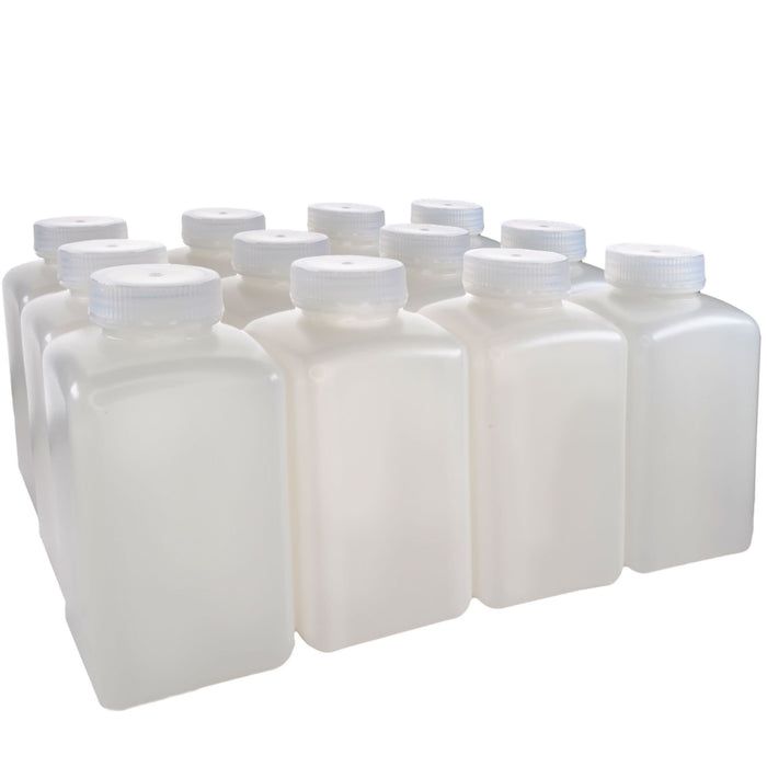 Eisco - Pack of 12, 1L Square HDPE Reagent Bottles with Wide Mouth Polypropylene Caps, Translucent, Non-Sterile, Chemical Resistant, Leak-Proof, -100°C to 120°C, Ideal for Lab and Industrial Use