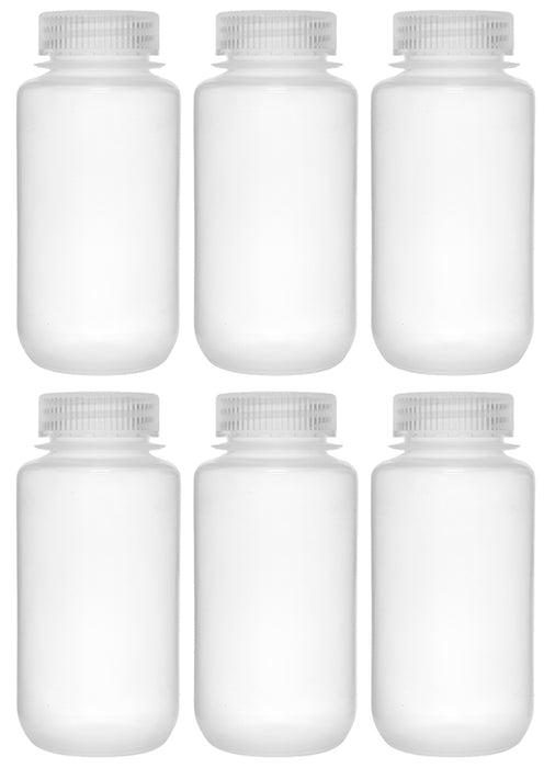 6PK Reagent Bottles, 250ml - Wide Neck with Screw Cap - Polypropylene