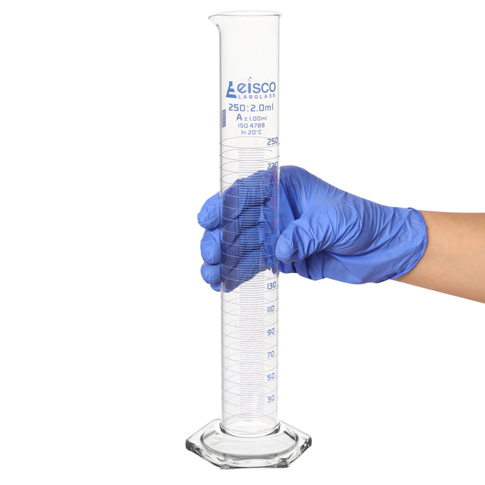 Graduated Cylinder, 250ml - Class B - Blue Graduations - Hexagonal Base