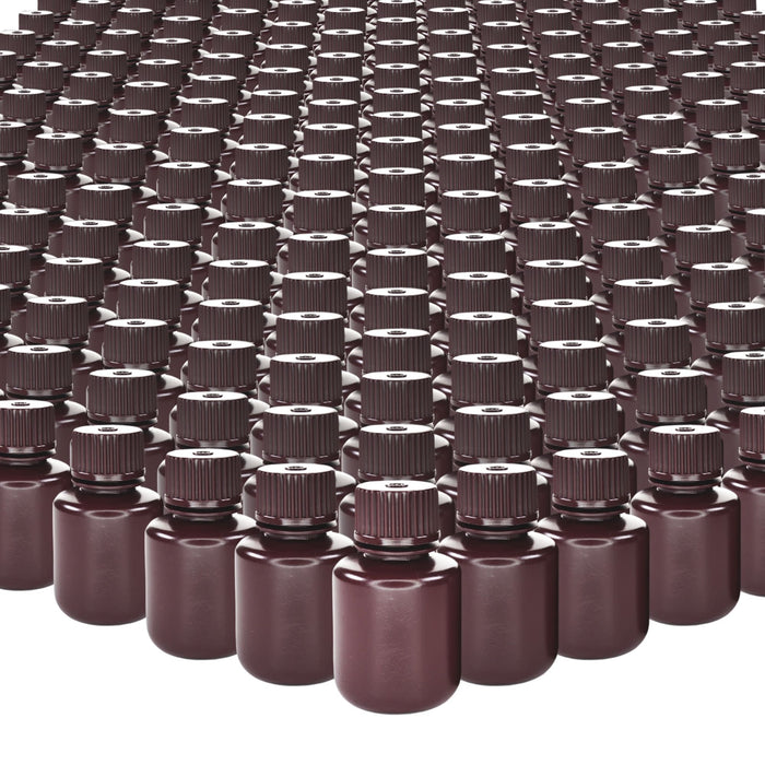 Eisco - Bulk Pack of 1000 30mL Narrow Mouth HDPE Amber Reagent Bottles with Polypropylene Caps, Non-Sterile, Lab Containers for Light-Sensitive Substances, -100 to 120°C Temperature Range