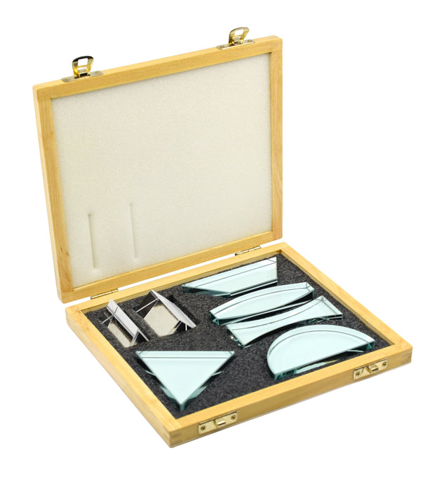 7-Piece Glass Prism and Lens Set, 13mm Thick, with Wooden Storage