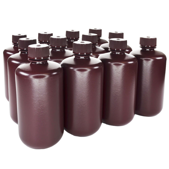 Eisco - Pack of 12 250mL Narrow Mouth Amber HDPE Reagent Bottles with Polypropylene Caps, Non-Sterile, Light-Sensitive Storage, -100 to 120°C Temperature Range, Leak-Proof Tested, Lab Sample Containers