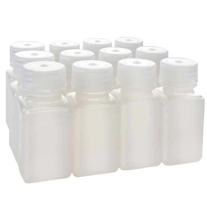 Eisco - Pack of 12, Sterile 60mL Square HDPE Reagent Bottles with Wide Mouth Polypropylene Caps, Translucent, Non-Autoclavable, Leak-Proof, Chemical Resistant, -100°C to 120°C, Ideal for Laboratory and Industrial Use