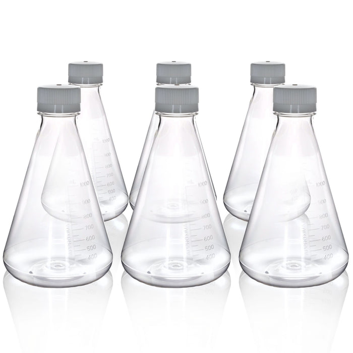 Eisco - Pack of 6, 1L Sterile PETG Erlenmeyer Flasks, Non-Vented, Flat Bottom, Lab-Grade, Gamma Sterilized, USP Class VI, Ideal for Cell Culture, Biopharmaceutical Processing, Chemical Storage