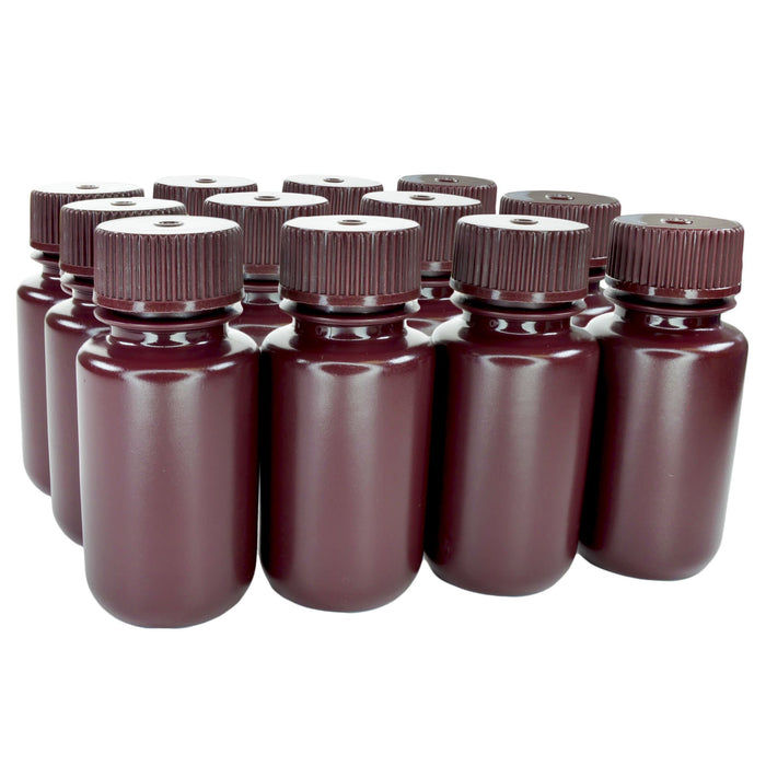 Eisco - Pack of 12, Sterile 60mL Wide Mouth Amber HDPE Reagent Bottles with Polypropylene Caps, Leak-Proof, UV Light Protection for Laboratory Samples, -100 to 120°C, Durable Chemical-Resistant Lab Containers