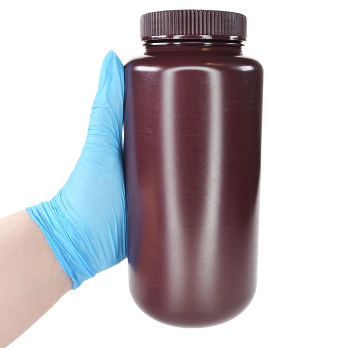 Eisco - Pack of 12, 1L Wide Mouth Amber HDPE Reagent Bottles with Polypropylene Caps, Non-Sterile, Leak-Proof, Chemical-Resistant, UV Light Shielding for Lab Use, -100°C to 120°C, Ideal for Light-Sensitive Storage
