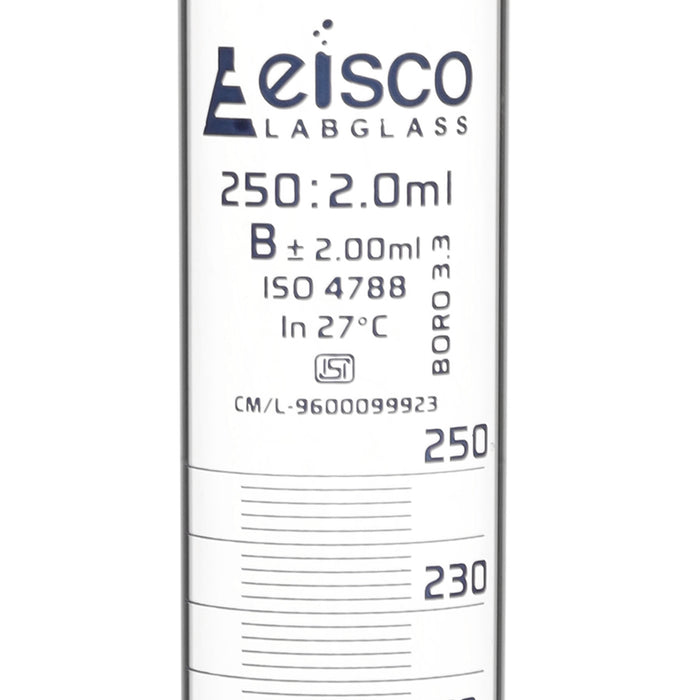 Graduated Cylinder, 250ml - Class B - Blue Graduations - Hexagonal Base