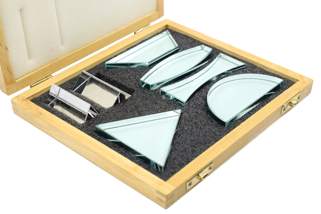 7-Piece Glass Prism and Lens Set, 13mm Thick, with Wooden Storage