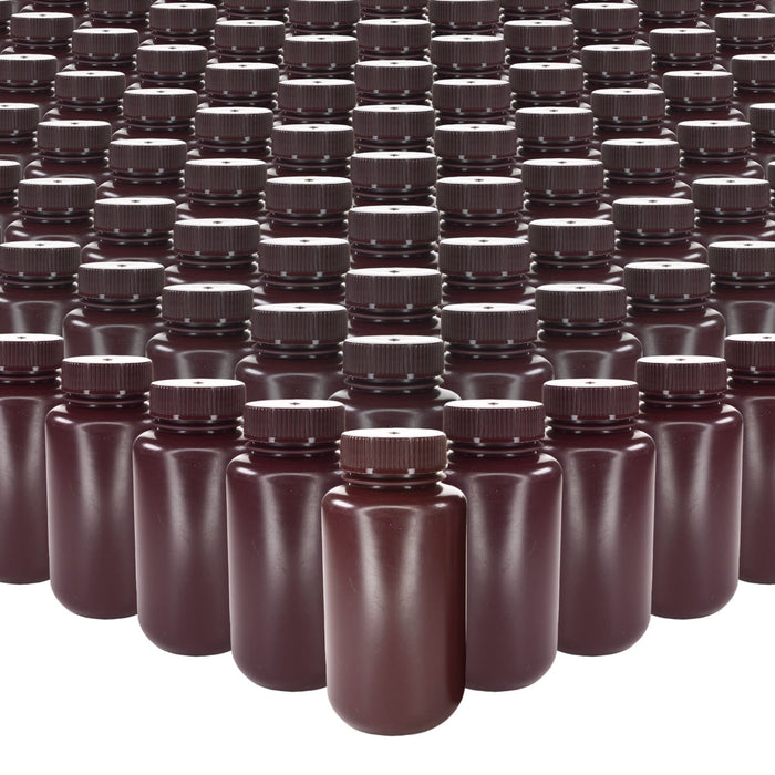 Eisco - Bulk Pack of 250, 250mL Wide Mouth Amber HDPE Reagent Bottles with Polypropylene Caps, Non-Sterile, Leak-Proof, Chemical-Resistant, UV Light Shielding for Labs, -100°C to 120°C