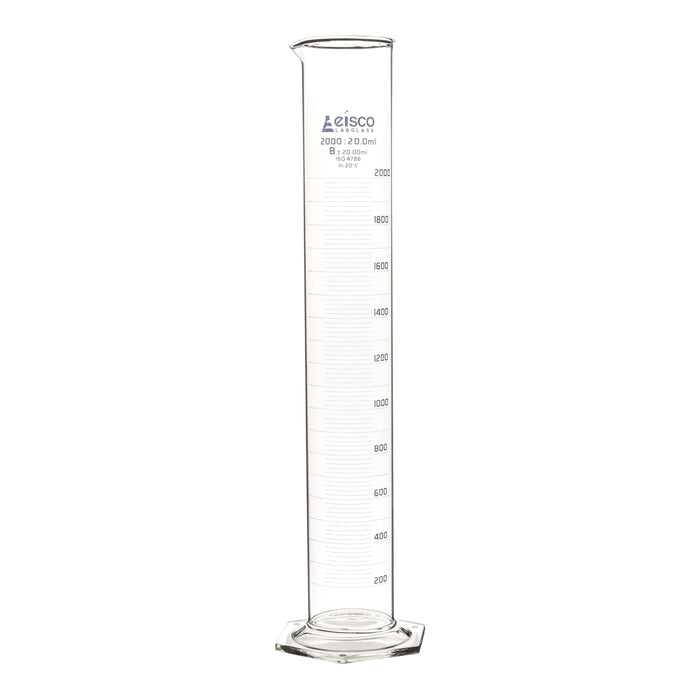 Graduated Cylinder, 2000ml - Class B - Blue Graduations - Hexagonal Base