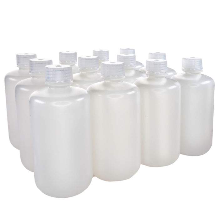 Eisco - Pack of 12, 250mL Narrow Mouth HDPE Translucent Reagent Bottles with Polypropylene Caps, Non-Sterile, Leak-Proof, Chemical Resistant, -100 to 120°C Temperature Range, Laboratory Storage and Transport