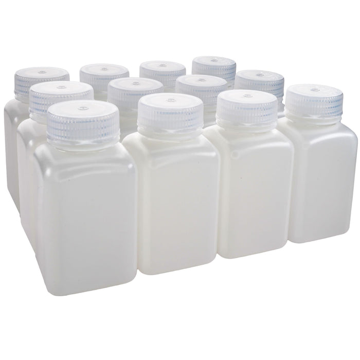 Eisco - Pack of 12, Sterile 175mL Square HDPE Reagent Bottles with Wide Mouth Polypropylene Caps, Translucent, Non-Autoclavable, Leak-Proof, Chemical Resistant, -100°C to 120°C, Ideal for Laboratory and Industrial Use