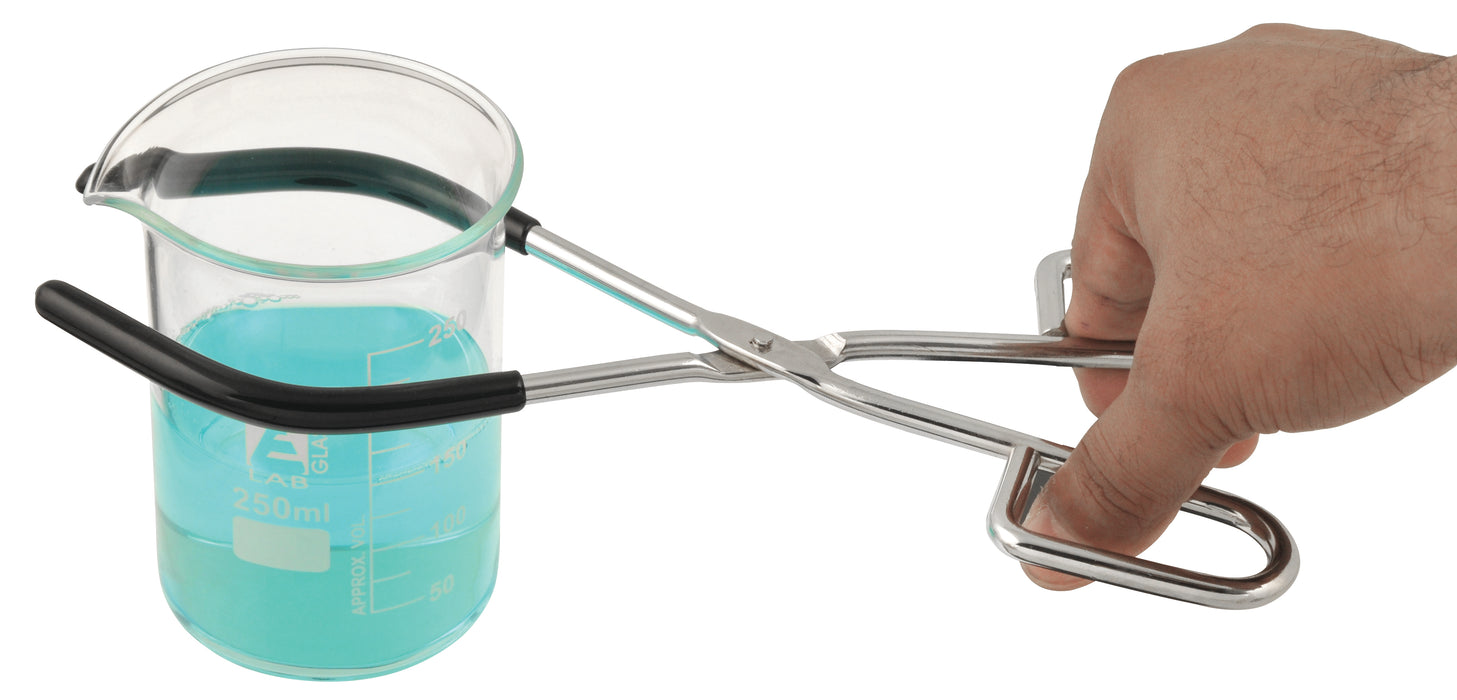 Beaker Tongs, 9.75" Long - Rubber Coated Jaws - Nickel Plated Steel