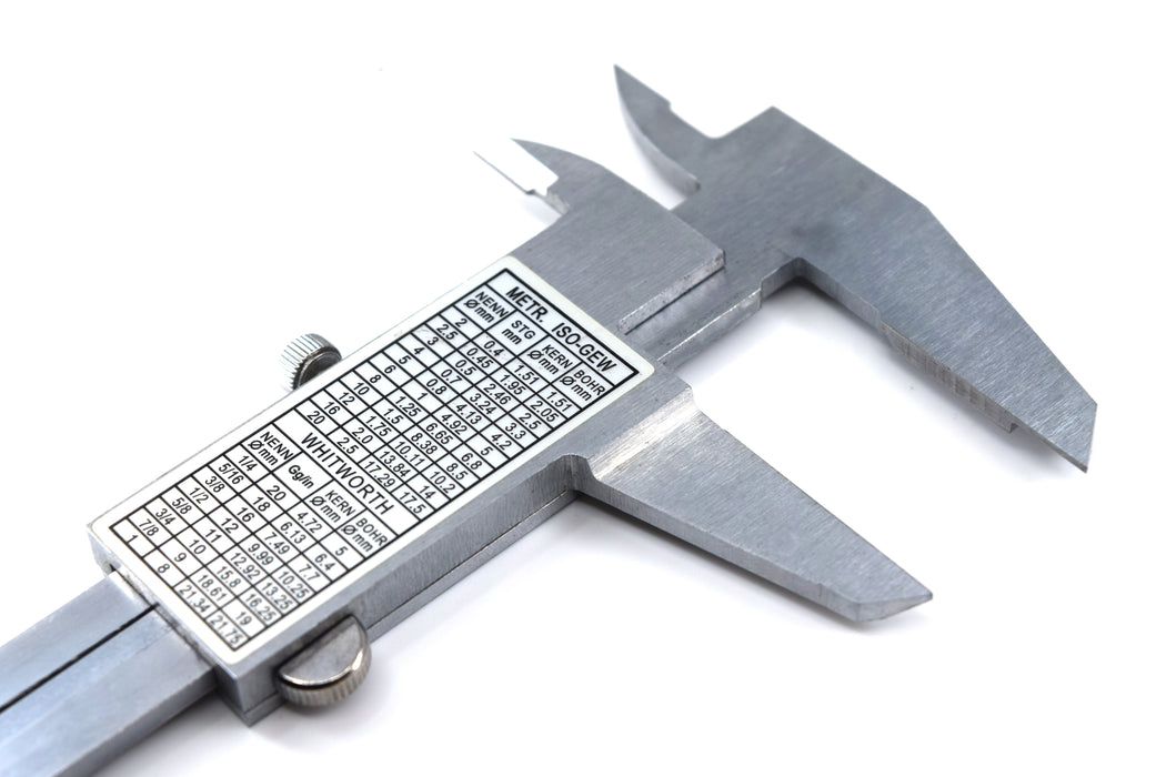 Vernier Caliper, 6 Inches, IME Type, Dual Scale Laser Engraved Graduations, Fully Hardened, 0.05mm and 1/128 Inch Accuracy, Case Included, Carbon Steel - Eisco Labs