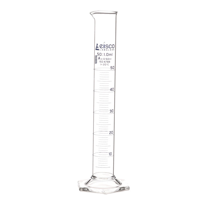 Graduated Cylinder, 50ml - Class A - Blue Graduations - Hexagonal Base