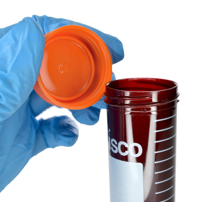 Eisco - Pack of 25, 50mL Sterile Amber Centrifuge Tubes, Polypropylene, Flat Cap, Lab-Grade, Self-Standing, Racked