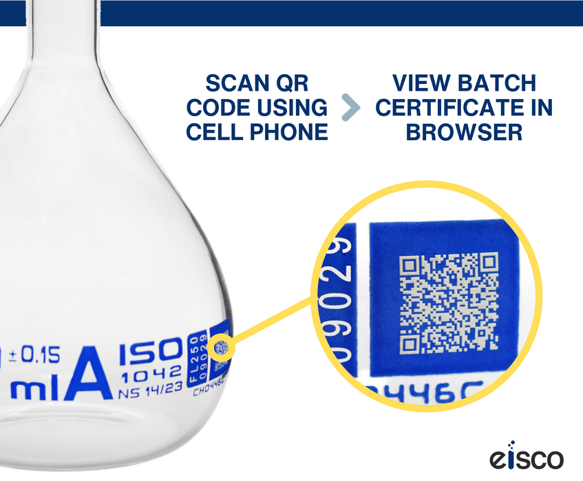 Volumetric Flask, 50mL - Class A - Borosilicate Glass, Polyethylene Stopper, 12/21 Socket - QR Code Marking for Calibration Certificate