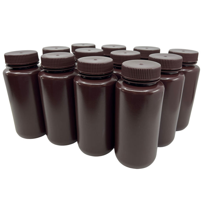 Eisco - Pack of 12, Sterile 500mL Wide Mouth Amber HDPE Reagent Bottles with Polypropylene Caps, Leak-Proof, UV Light Protection for Laboratory Samples, -100 to 120°C, Durable Chemical-Resistant Lab Containers