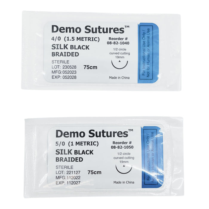 Demo Sutures - Set of 5 Silk Demo Sutures for Practice Suture Kit - 0/0, 2/0, 3/0, 4/0, 5/0 - Black Braided, Sterile, 75cm - Educational Use Only - Medical, Nursing, Veterinary Training