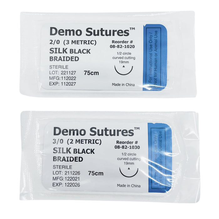 Demo Sutures - Set of 5 Silk Demo Sutures for Practice Suture Kit - 0/0, 2/0, 3/0, 4/0, 5/0 - Black Braided, Sterile, 75cm - Educational Use Only - Medical, Nursing, Veterinary Training