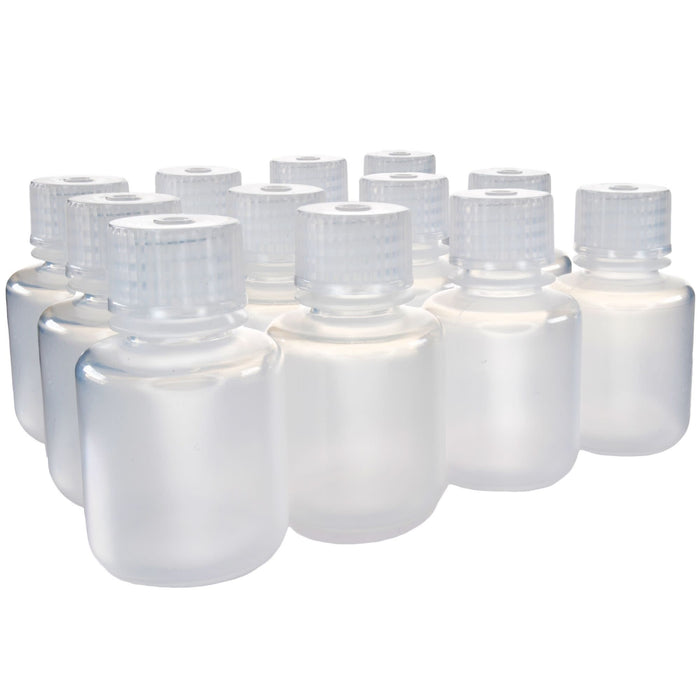Eisco - Pack of 12, 30mL Narrow Mouth Polypropylene Reagent Bottles with Polypropylene Caps, Autoclavable, Translucent, Non-Sterile, Leak-Proof, 0-135°C Temperature Range, Ideal for Lab Storage and Transport