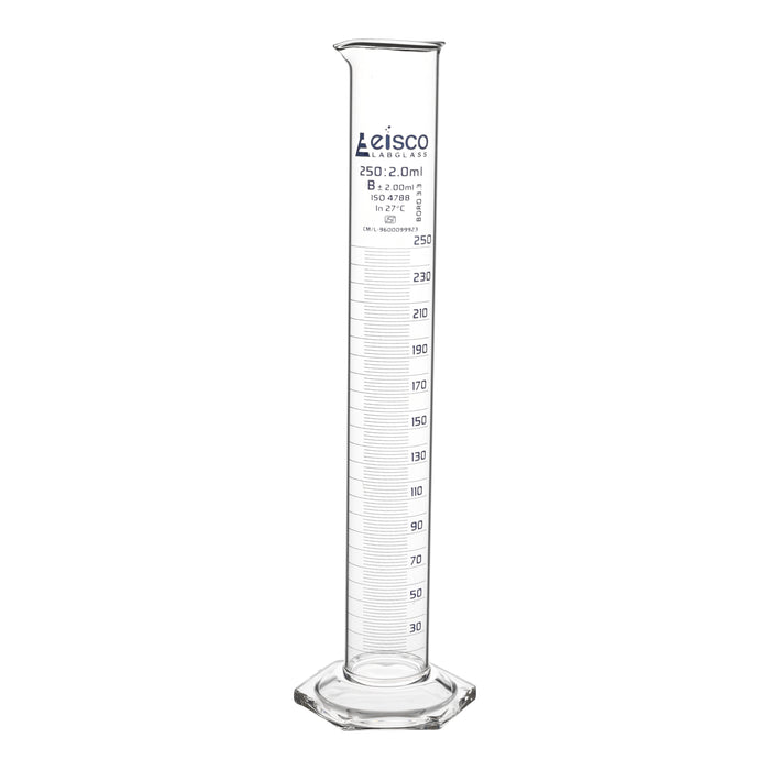 Graduated Cylinder, 250ml - Class B - Blue Graduations - Hexagonal Base