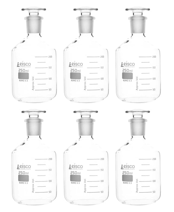 6PK Reagent Bottles, 250mL - Graduated - Narrow Mouth with Solid Glass Stopper - Borosilicate Glass