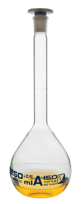 Volumetric Flask, 250ml - Class A - 14/23 Polyethylene Stopper, Borosilicate Glass - Blue Graduation, Tolerance ±0.150