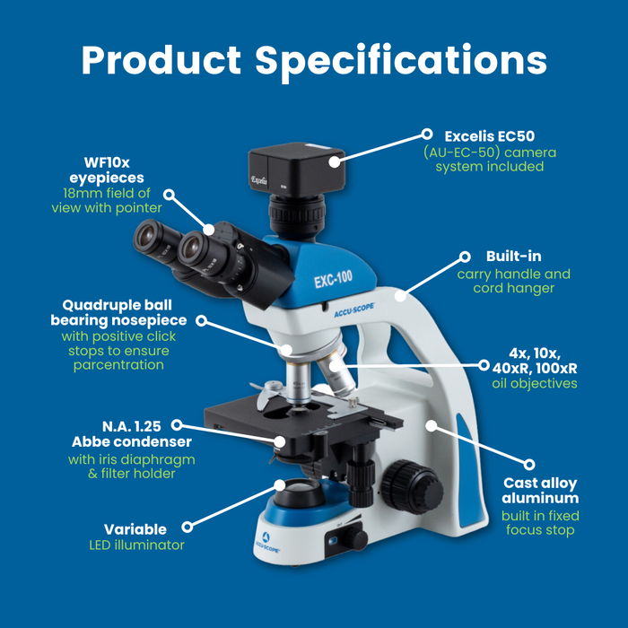 Digital Microscope with Camera, EXC-103-EC50 - Trinocular Head, 40-1000X Magnification, Cordless LED Illumination - 5 MP Image & 29 FPS Video Capture - USB 2.0 Output