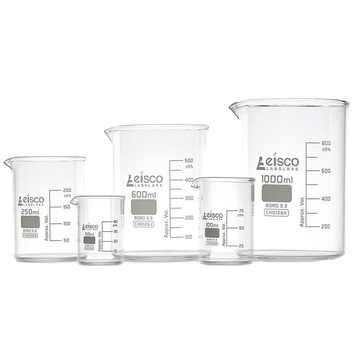Eisco Labs - Premium Borosilicate Glass Beaker Set - 50mL, 100mL, 250mL, 600mL, 1000mL - Low Form, White Graduations, Durable, Heat & Chemical Resistant Glassware for Measuring, Mixing, Experiments