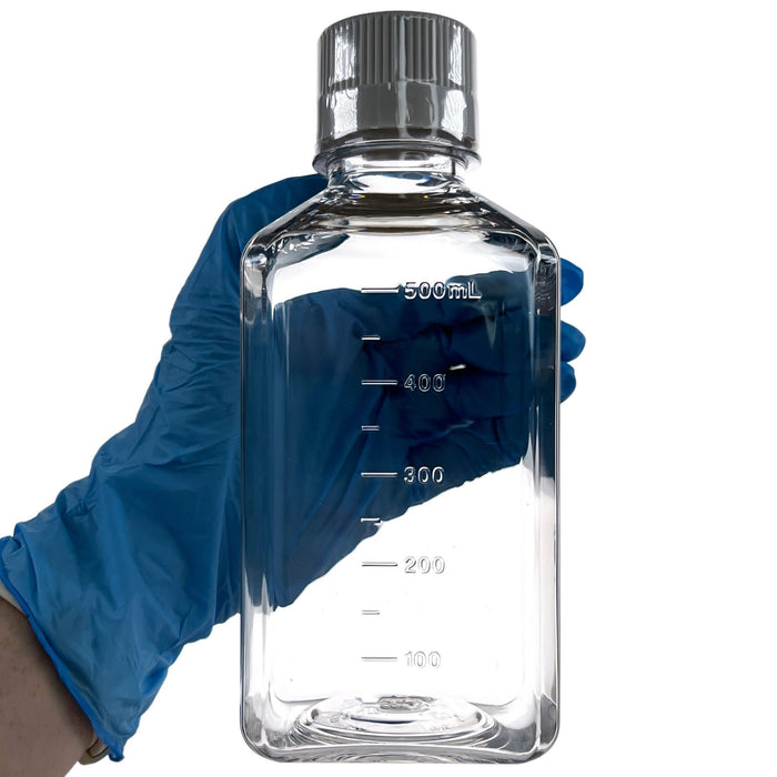 Eisco - Pack of 24, 500mL Sterile PETG Media Bottles with HDPE Caps, Square, Leak-Proof, Tamper-Evident, Non-Pyrogenic, Gamma Sterilized, Ideal for Lab Reagents, Buffers & Biopharmaceutical Use