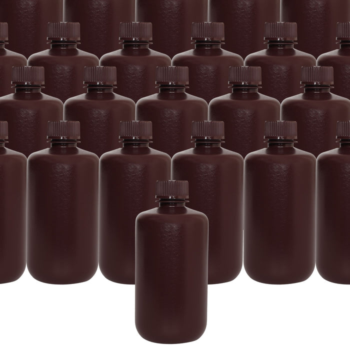 Eisco - Bulk Pack of 250 250mL Narrow Mouth HDPE Amber Reagent Bottles with Polypropylene Caps, Non-Sterile, Lab Containers for Light-Sensitive Substances, -100 to 120°C Temperature Range