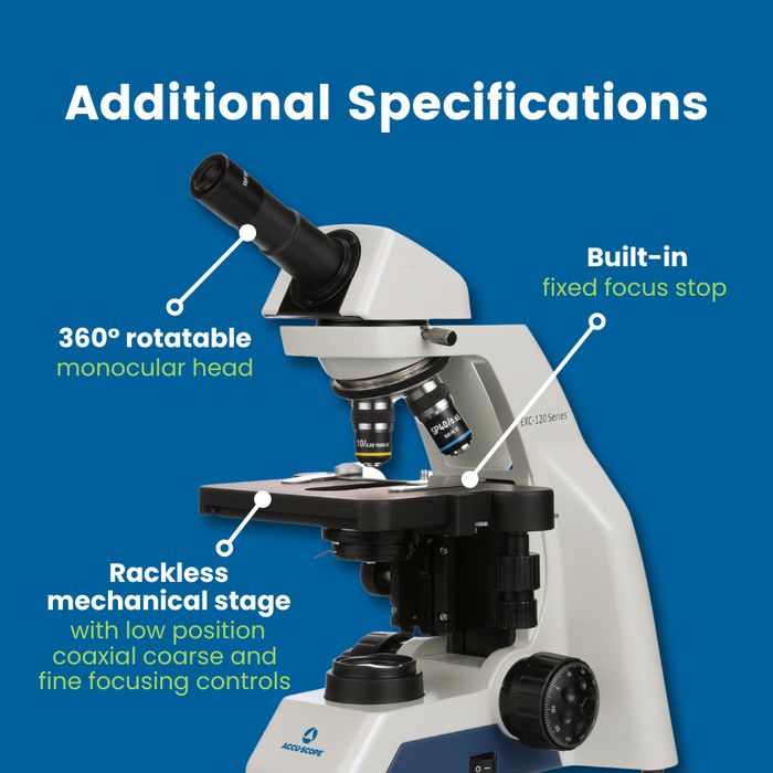 Microscope EXC-121-3 - Monocular Head, 40-400X Magnification, Achromat Objectives, Mechanical Stage, Iris Diaphragm