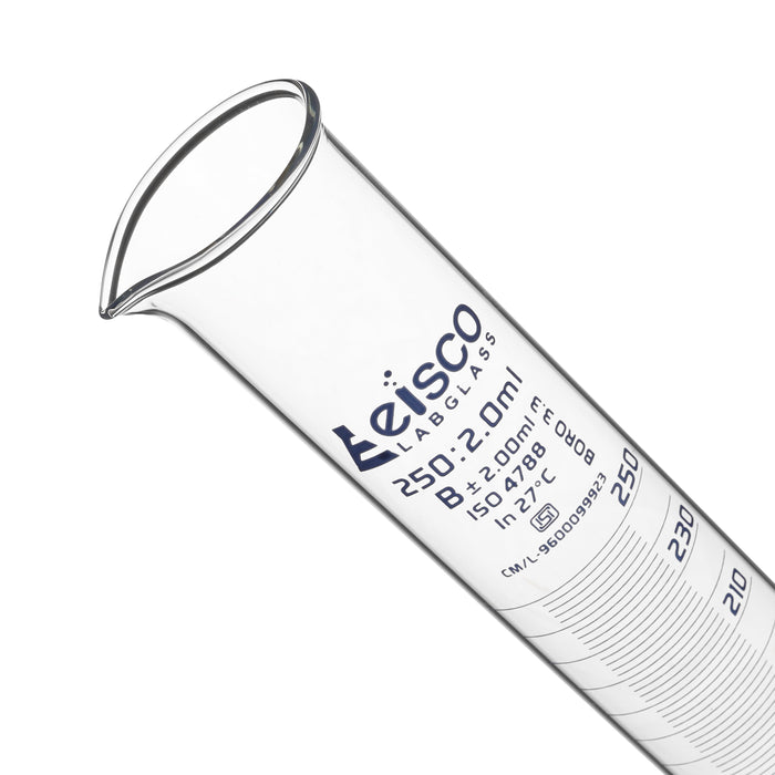 Graduated Cylinder, 250ml - Class B - Blue Graduations - Hexagonal Base