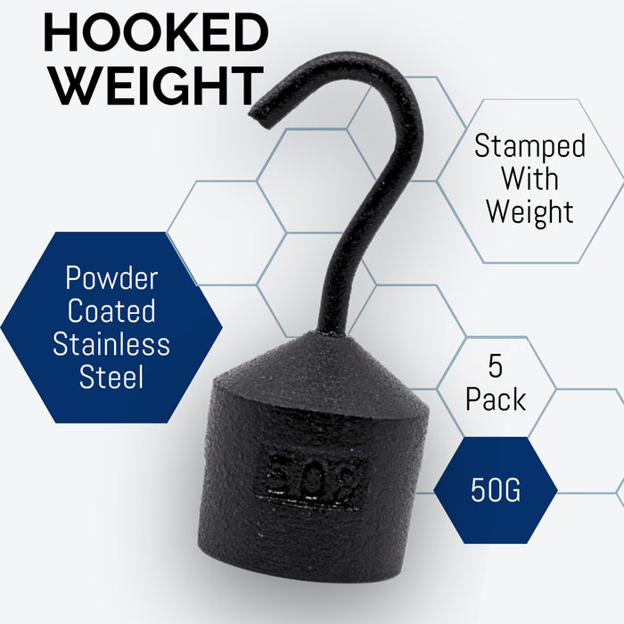 Eisco Labs - Hooked Weight 5-Pack, 50g Each - Iron Weight, Cylindrical with Hook and Bottom Slot for Physics Experiments and Scale Calibration
