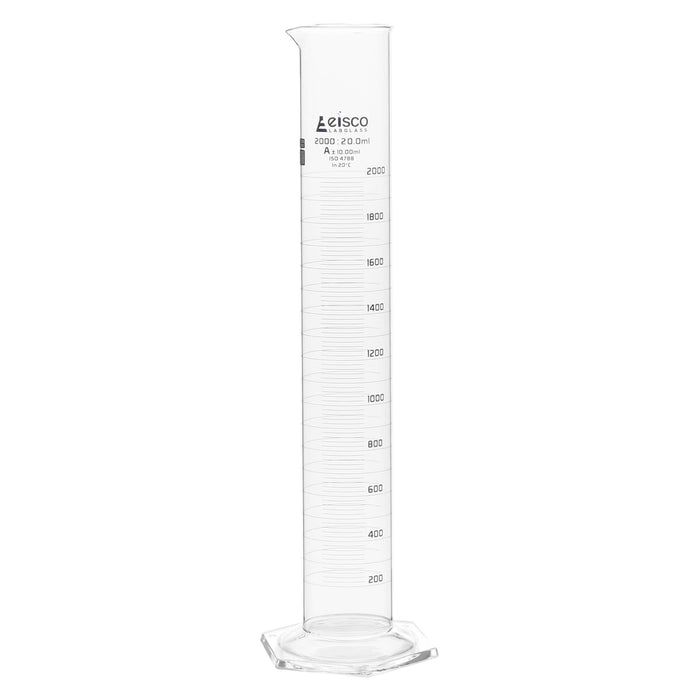 Eisco Labs - 2000mL Measuring Cylinder - Tolerance ±10.00mL - Class A Graduated Cylinder - Calibrated TC - Hexagonal Base - Blue Graduations - Batch Work Certificate QR Code - Boro 3.3 Glass