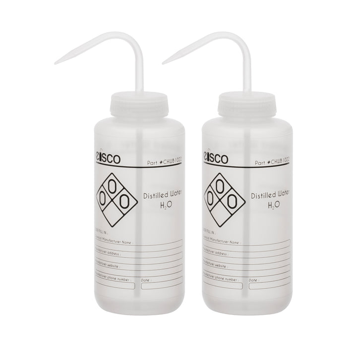 2PK Wash Bottle for Distilled Water, 1000ml - Labeled with Chemical Information & Safety Information (1 Color)  - Wide Mouth, Self Venting, Low Density Polyethylene - Eisco Labs