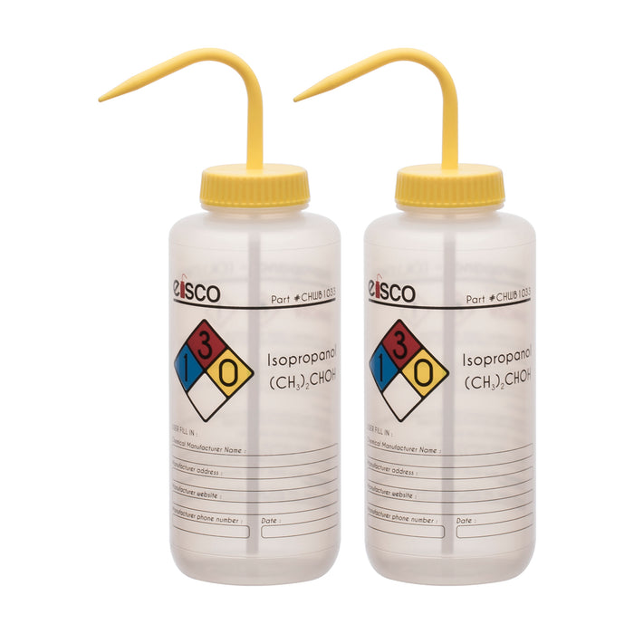 2PK Wash Bottle for Isopropanol, 1000ml - Labeled with Color Coded Chemical & Safety Information (4 Colors) - Wide Mouth, Self Venting, Low Density Polyethylene - Eisco Labs