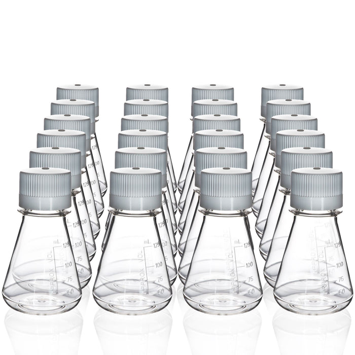 Eisco - Pack of 24, 125mL Sterile PETG Erlenmeyer Flasks, Non-Vented, Flat Bottom, Lab-Grade, Gamma Sterilized, USP Class VI, Ideal for Cell Culture, Biopharmaceutical Processing, Chemical Storage