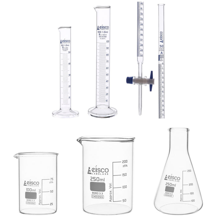 Eisco Labs - Glass Titration Set - 100mL & 250mL Beakers, 50mL & 100mL Graduated Cylinders, 250mL Erlenmeyer Flask, 50mL Burette - High-Quality Glassware for Titration Experiments - Glass Kit