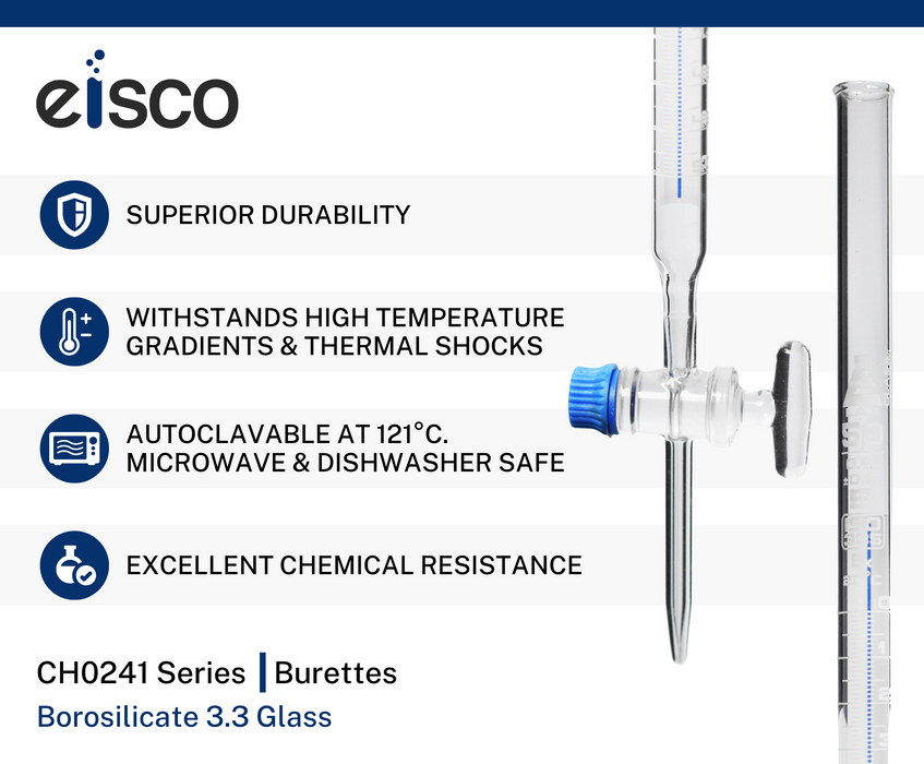 Schellbach Burette, 50mL - Class B - Glass Stopcock - White Graduations - Borosilicate Glass