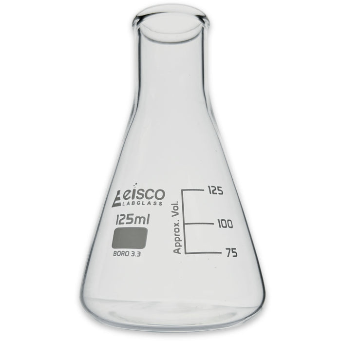 Eisco Labs - 125mL Conical Flask, Narrow Neck, Borosilicate Glass - Ideal for Mixing Solutions, Titrations, Microbial Cultures, and Heating in Chemistry, Biology, and Environmental Science Labs
