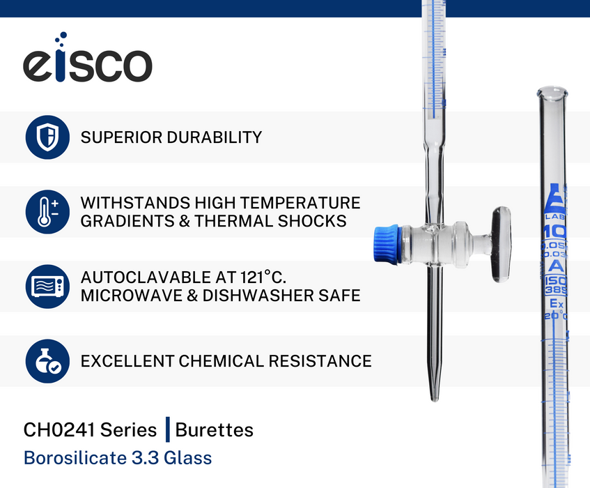 Schellbach Burette, 10mL - Class A - Glass Stopcock - Blue Graduations - Borosilicate Glass