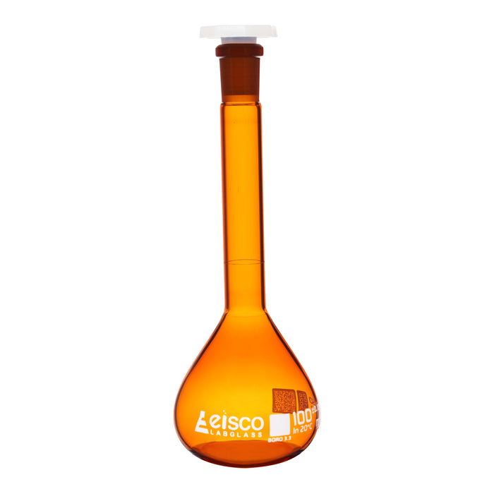 Eisco Amber Volumetric Flask, 100mL - Class A - Borosilicate Glass, Polyethylene Stopper, 14/23 Socket - QR Code Marking for Calibration Certificate