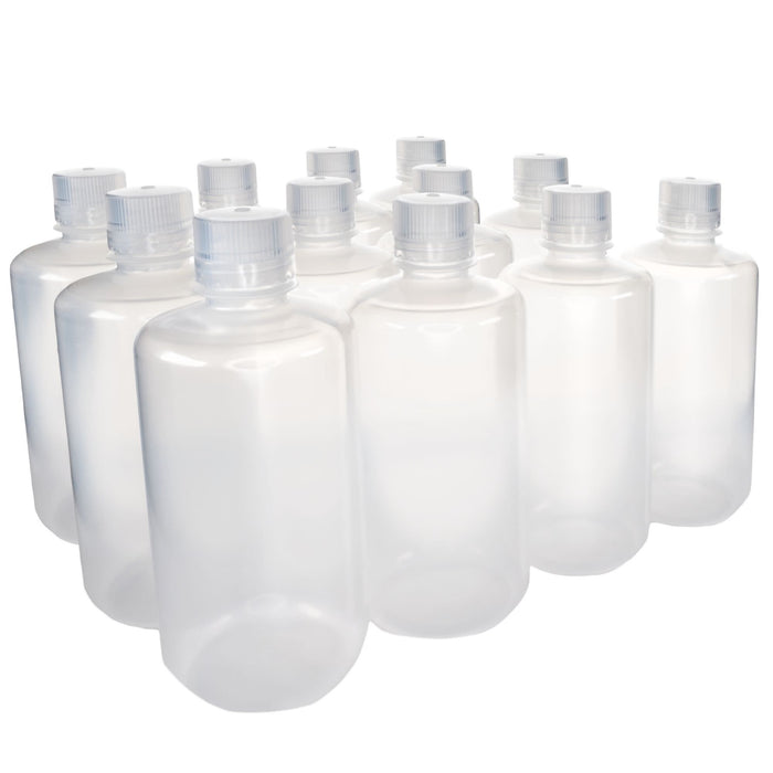 Eisco - Pack of 12, 1L Narrow Mouth Polypropylene Reagent Bottles with Polypropylene Caps, Autoclavable, Translucent, Non-Sterile, Leak-Proof, 0-135°C Temperature Range, Ideal for Lab Storage and Transport